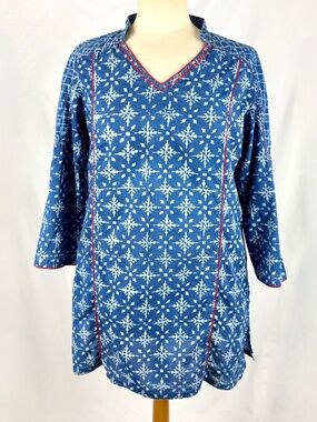 Boho Fabindia Tunic Kurta Top L Blue Batik Cotton Red Embroidery Hand Stitching